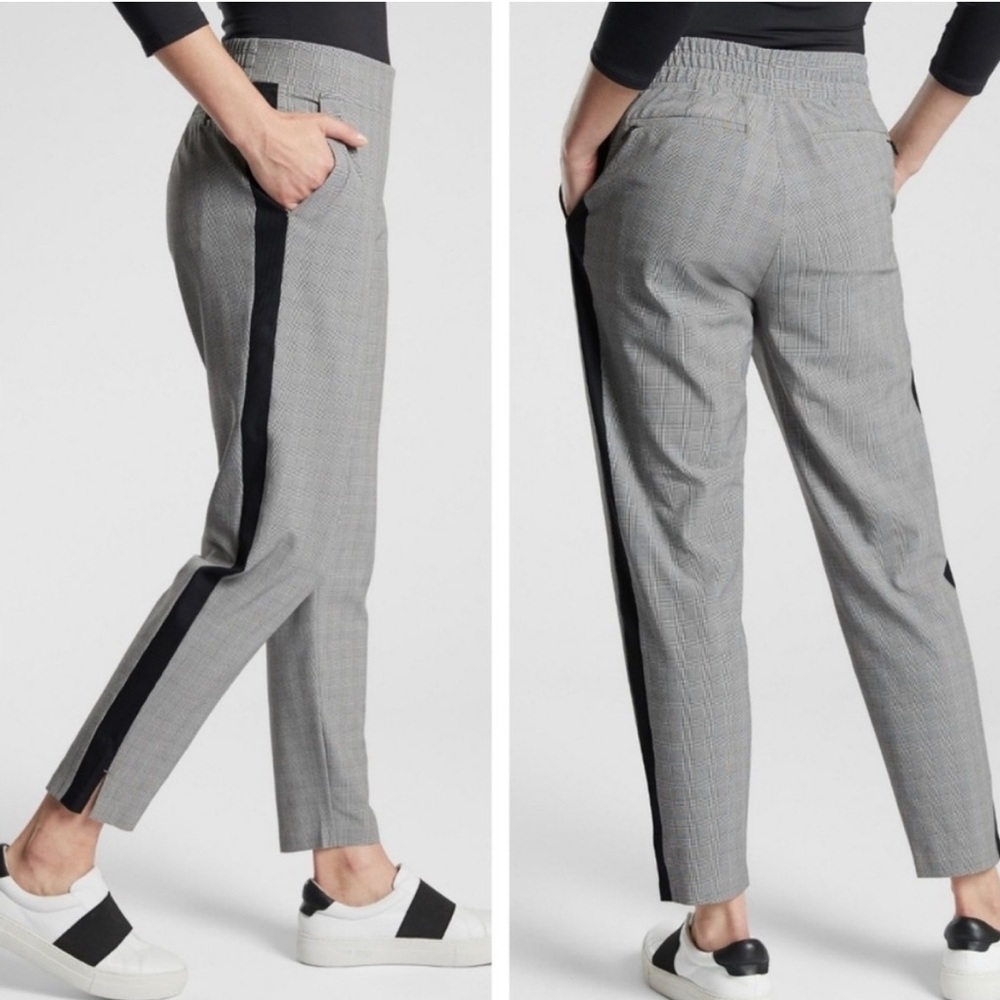 Athleta Gray Glen Plaid Straight-Leg Pants with Black Side Stripe